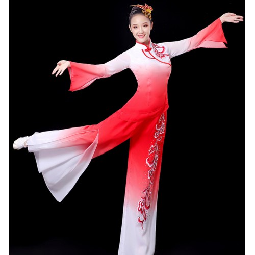 Red gradient colored chinese classical folk  dance costumes for women Chinese style ethnic fan umbrella dance dresses traditional yangko dance costumes